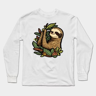 Cartoon image of a cute sloth on a tree Long Sleeve T-Shirt